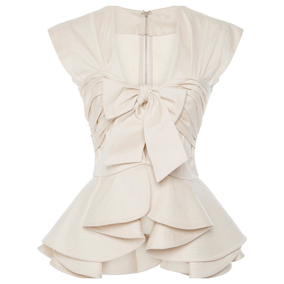 🌸 Exaggerated Ruffle Peplum Cream Tie Top - Picture 2 of 8